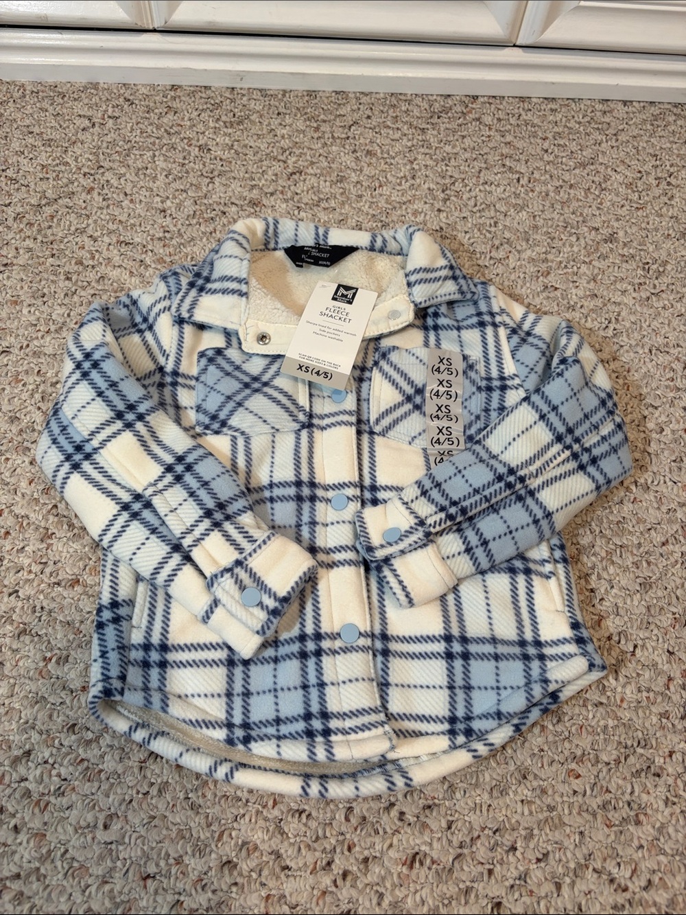 Cream and Light Blue Plaid Fleece Shacket for Kids